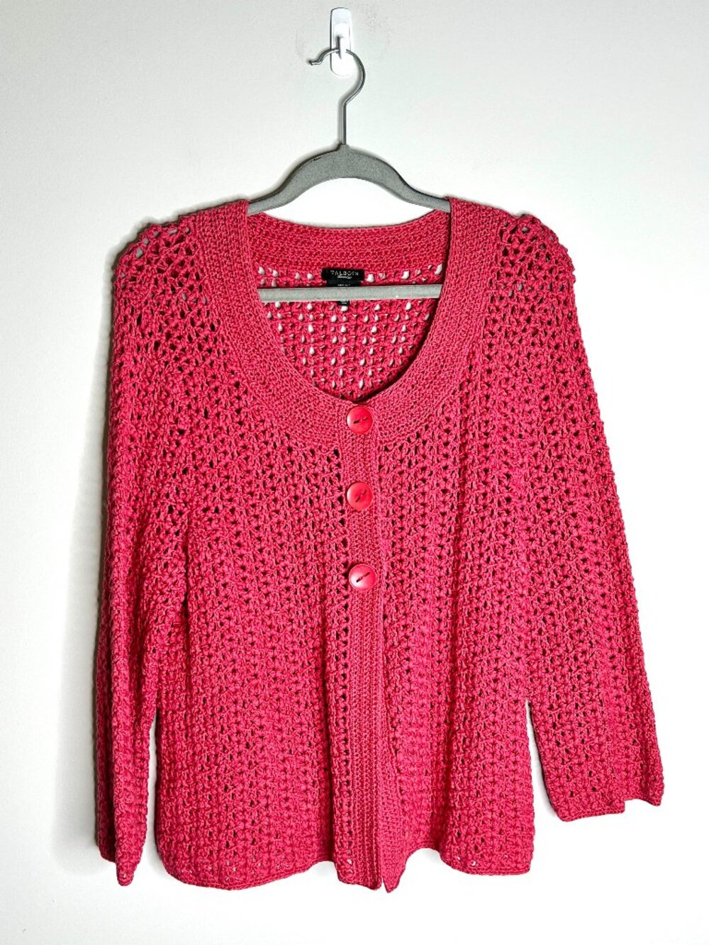 Talbots Hand-Knit 100% Mercerized Cotton Crochet Knit Cardigan Sweater Sz L